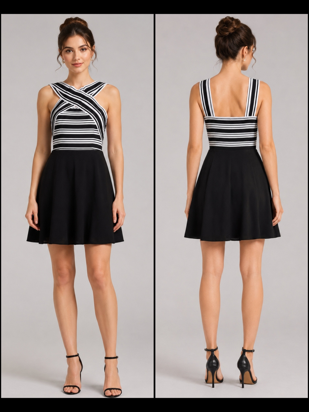 Anthropologie 'Maeve' Black White Striped Crisscross Halter Flare Mini Dress, 10